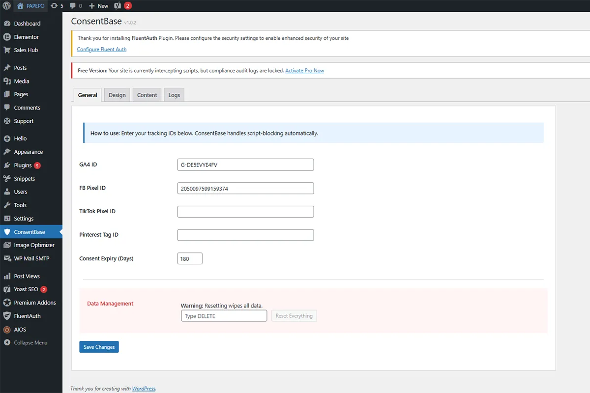 General settings for Analytics, Meta, Tag Manager, and LinkedIn.